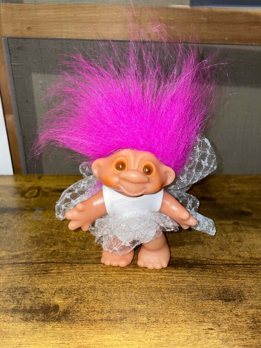 Troll Doll with Pink Hair and White Lace Dress